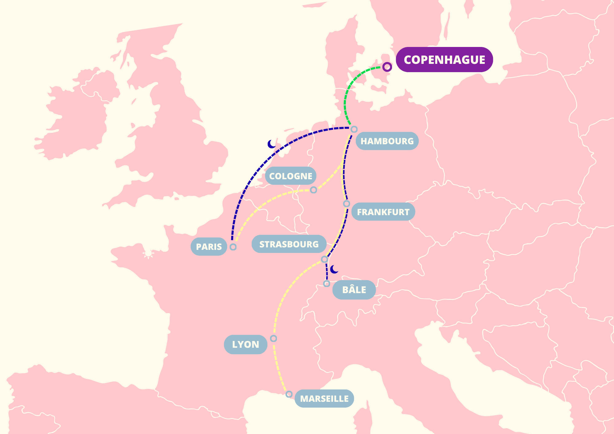Carte : comment aller à Copenhague en train ?